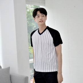 쿨론원단  스트라이프 소매 메쉬 티셔츠