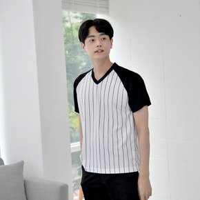 쿨론원단  스트라이프 소매 메쉬 티셔츠
