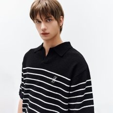 부클 스트라이프 오픈 카라 니트 블랙 ZH3KT315BK