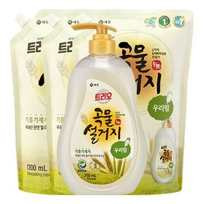 트리오 곡물설거지 우리밀 주방세제(용기750ml 1개+리필1.2L 3개)