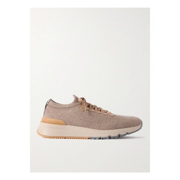 가죽 트리밍 스트레치 니트 스니커즈 뉴트럴