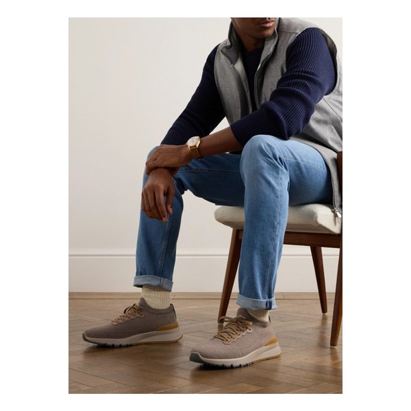 가죽 트리밍 스트레치 니트 스니커즈 뉴트럴