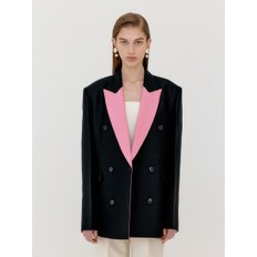 VELL Contrasted Collar Double-Breasted Blazer - Black/Pink