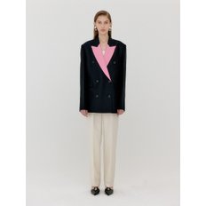 VELL Contrasted Collar Double-Breasted Blazer - Black/Pink