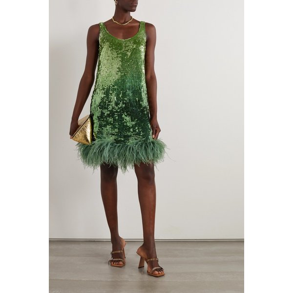깃털 장식 스팽글 새틴 미니 드레스 그린 1647597310897426