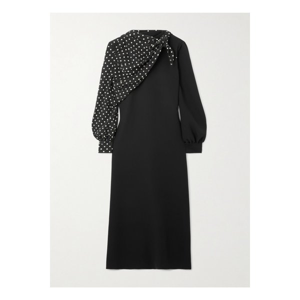 드레이프 폴카 도트 실크 미디 드레스 블랙 46376663162923682