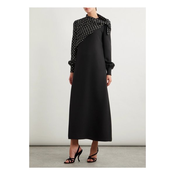 드레이프 폴카 도트 실크 미디 드레스 블랙 46376663162923682