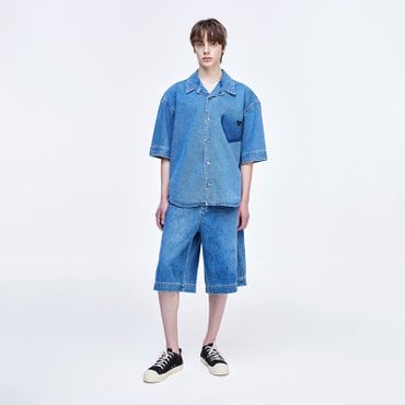 송지오 지제로 오픈 카라 데님 하프 셔츠 블루 SH3SH820BL