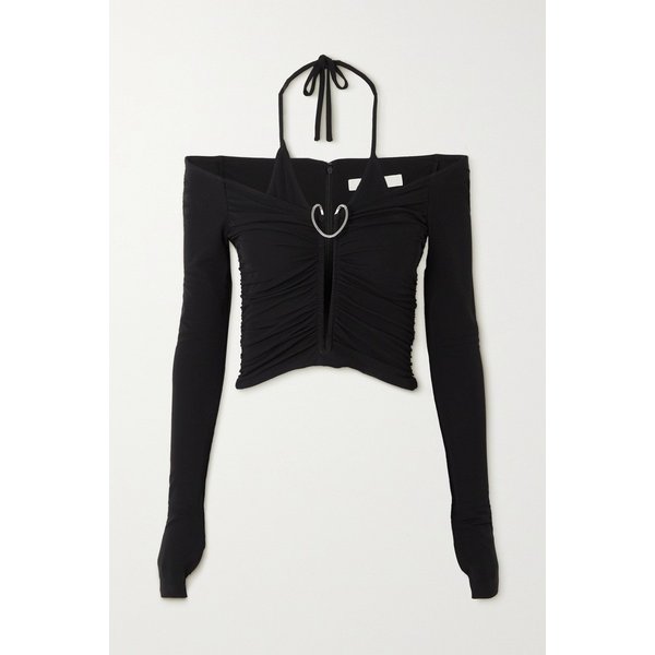 디온 리 뫼비우스 오프 더 숄더 개더 스트레치 저지 탑 블랙 1647597291935835