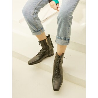 메이엘듀 Square Toe Lace-up Ankle Boots - MD1090b Black