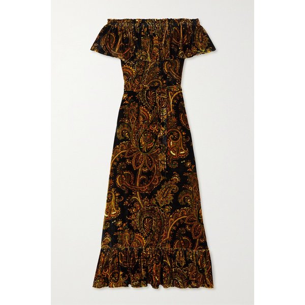 오프숄더 벨트 페이즐리 프린트 벨벳 맥시 드레스 블랙 1647597309844951