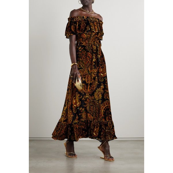 오프숄더 벨트 페이즐리 프린트 벨벳 맥시 드레스 블랙 1647597309844951