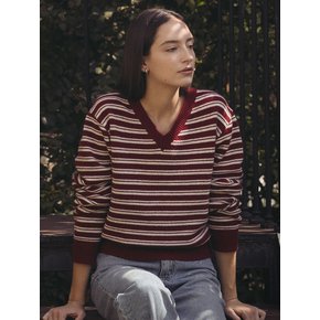 Stripe loose fit v-neck knit_Red