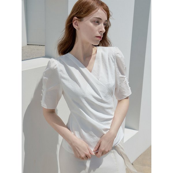 퍼프 브이넥 핀턱 랩스타일 블라우스 - 아이보리/네이비/블루