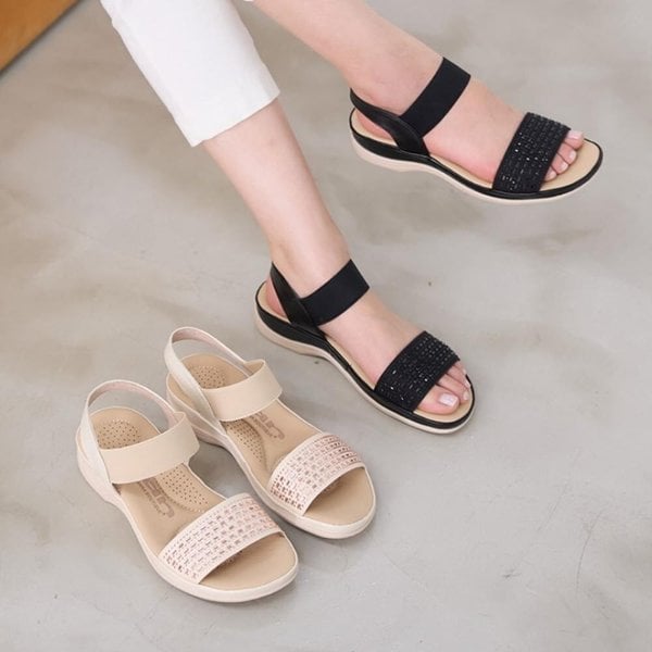 [옷자락] 여성용 블랙 가죽 비즈 스트랩 여름 샌들