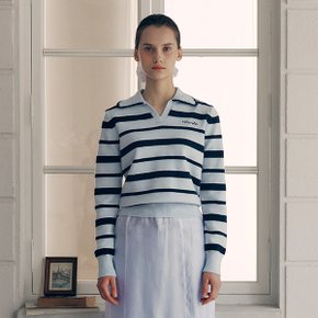 V NECK COLLAR STRIPE KNIT PULLOVER BLUE