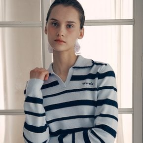 V NECK COLLAR STRIPE KNIT PULLOVER BLUE