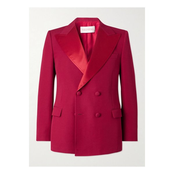 더블 브레스트 실크 새틴 트리밍 그랑 드 푸드르 울 블레이저 레드 46376663162830828