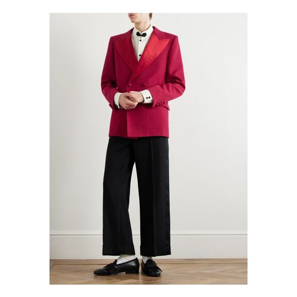 더블 브레스트 실크 새틴 트리밍 그랑 드 푸드르 울 블레이저 레드 46376663162830828
