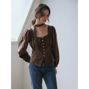 HEART NECK SHIRRING BLOUSE_BROWN