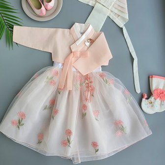 샵마시모 (여아한복) 복숭아꽃 레이스 드레스 한복 (1세부터 8세)