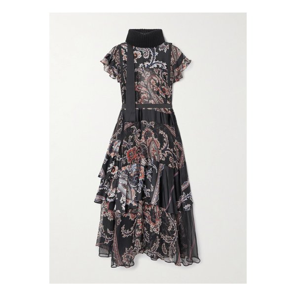 벨트 골지 울 혼방 트리밍 페이즐리 프린트 보일 미디 드레스 블랙 46376663162908259