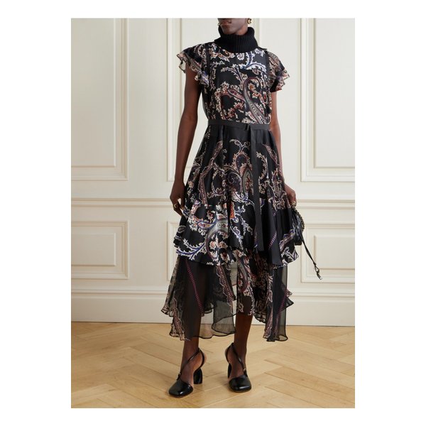 벨트 골지 울 혼방 트리밍 페이즐리 프린트 보일 미디 드레스 블랙 46376663162908259