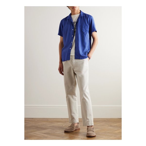 라 파즈 파나마 컨버터블 칼라 스트라이프 텍스처 코튼 셔츠 블루 1647597295789583