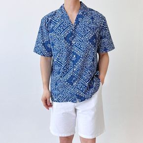 블루 에스닉 오버핏 반팔 셔츠 남자 바캉스 휴가 비치웨어 반팔셔츠