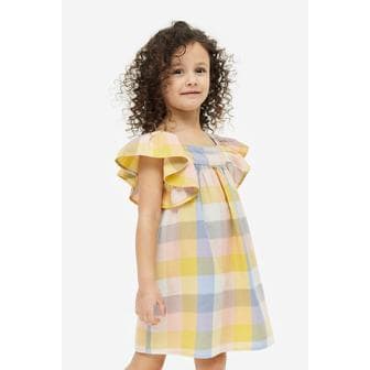 H&M 버터플라이 슬리브 패턴 드레스 머스타드 옐로/체크 1152182003