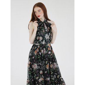 Airy halter long dress (Black Flower)