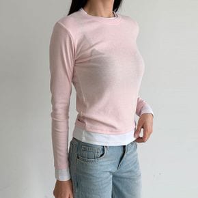 레이어드 포인트 배색 라운드 긴팔 티셔츠 이너티 소프트 스판 숏기장 파스텔 6.._P419341645