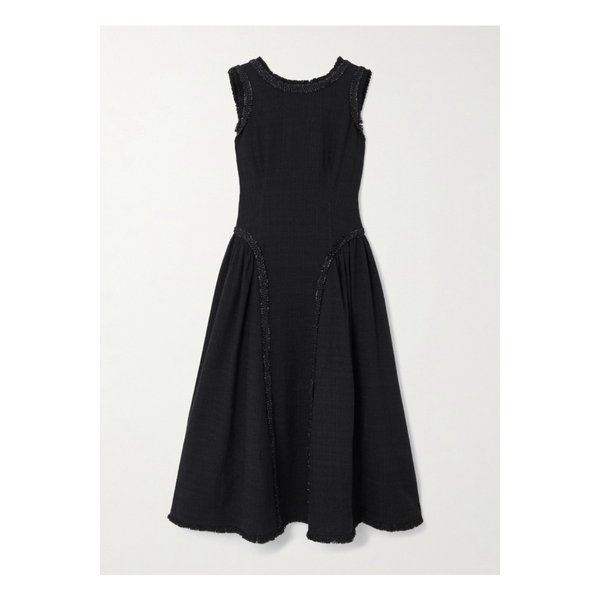 오픈 백 메탈릭 트리밍 부클레 트위드 미디 드레스 블랙 46376663162915034