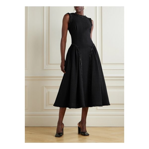 오픈 백 메탈릭 트리밍 부클레 트위드 미디 드레스 블랙 46376663162915034