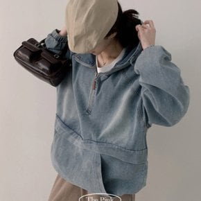 / 디먼 오버핏 스트링 데님 후드 아노락 반집업