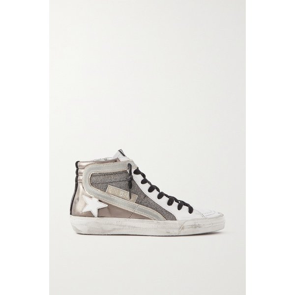 + Slide Distressed Suede-trimmed Leather And Lurex High-top Sneakers 건메탈