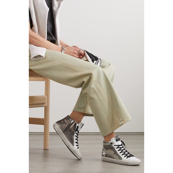 + Slide Distressed Suede-trimmed Leather And Lurex High-top Sneakers 건메탈