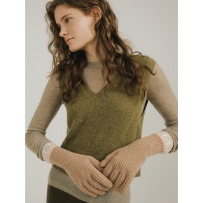 Cashmere Blend Ribbed Knit Gloves - Chestnut/Beige