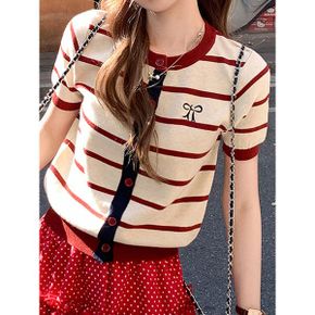리본 자수 스트라이프 반팔 가디건 G6MCD018P _P427837307