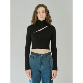 POLO NECK BUTTON KNIT TOP_BLACK