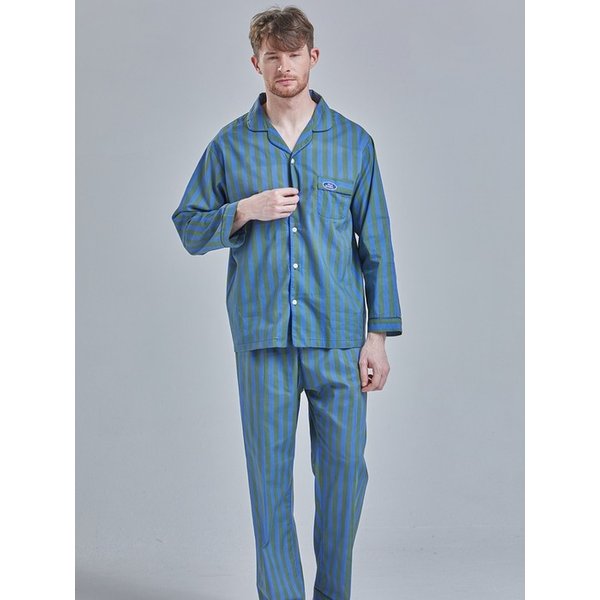 순면 카키 블루 스트라이프 파자마 세트 L