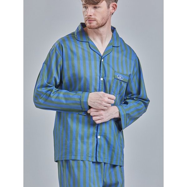 순면 카키 블루 스트라이프 파자마 세트 L