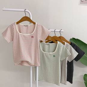 / 르밀더 자수 단가라 스퀘어넥 반팔 티셔츠(4color)