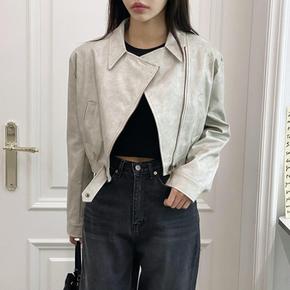 여자 봄 가을 크롭 카라넥 레더 가죽 라이더 자켓