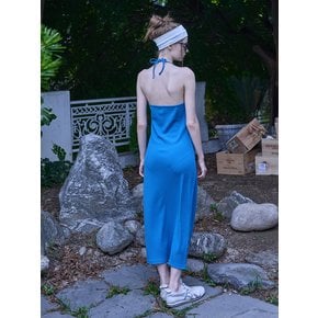 Halter neck Back Logo Ribbed Long Dress Blue