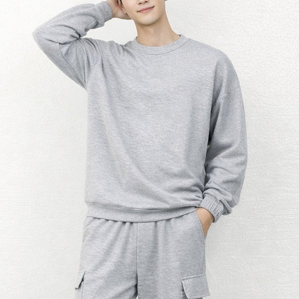 남자 라운드넥 그레이 티셔츠 베이직 캐주얼 상의 단품 간절기