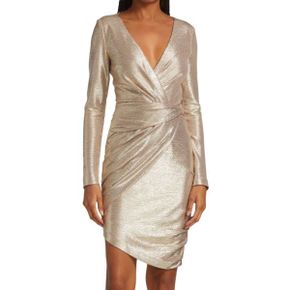 3409369 Talbot Runhof Gathered Metallic Asymmetric Minidress - PLATINUM