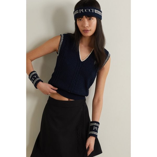 블루 자수 리브 코튼 블렌드 헤어밴드 및 손목밴드 세트 1647597296100103