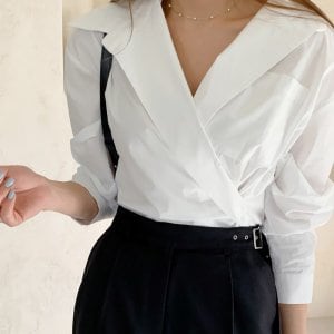 디작소 여성 봄 루즈핏 카라 언발 포켓 베이직 셔츠
