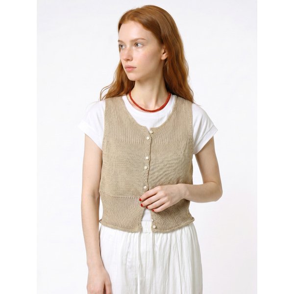 Tiny Button See-through Knit Vest_Beige